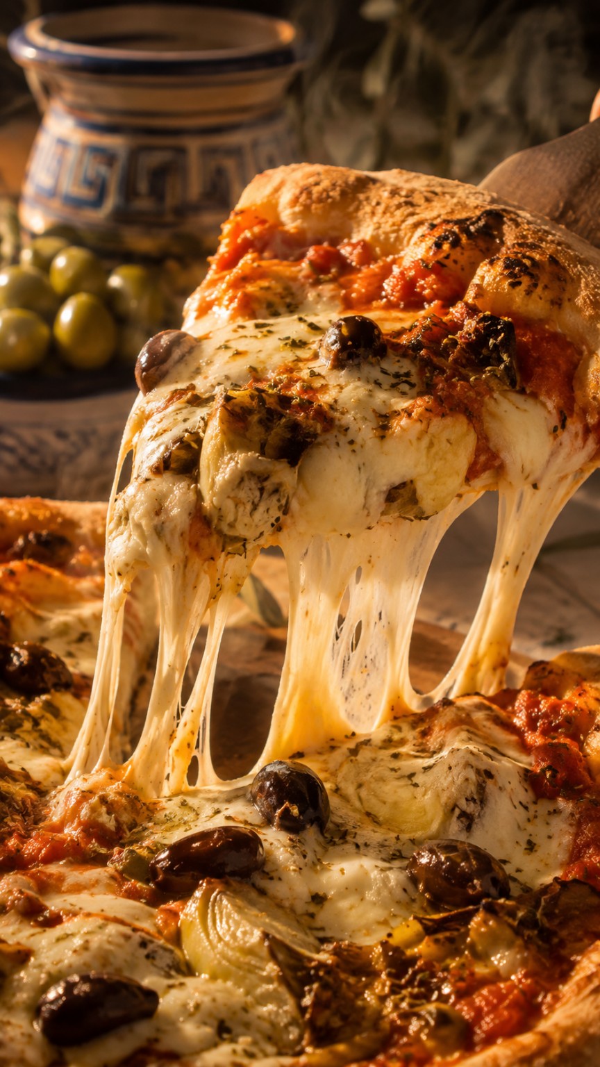 Porción de pizza con queso fundido que se estira, aceitunas y hierbas, junto a una vasija de inspiración griega