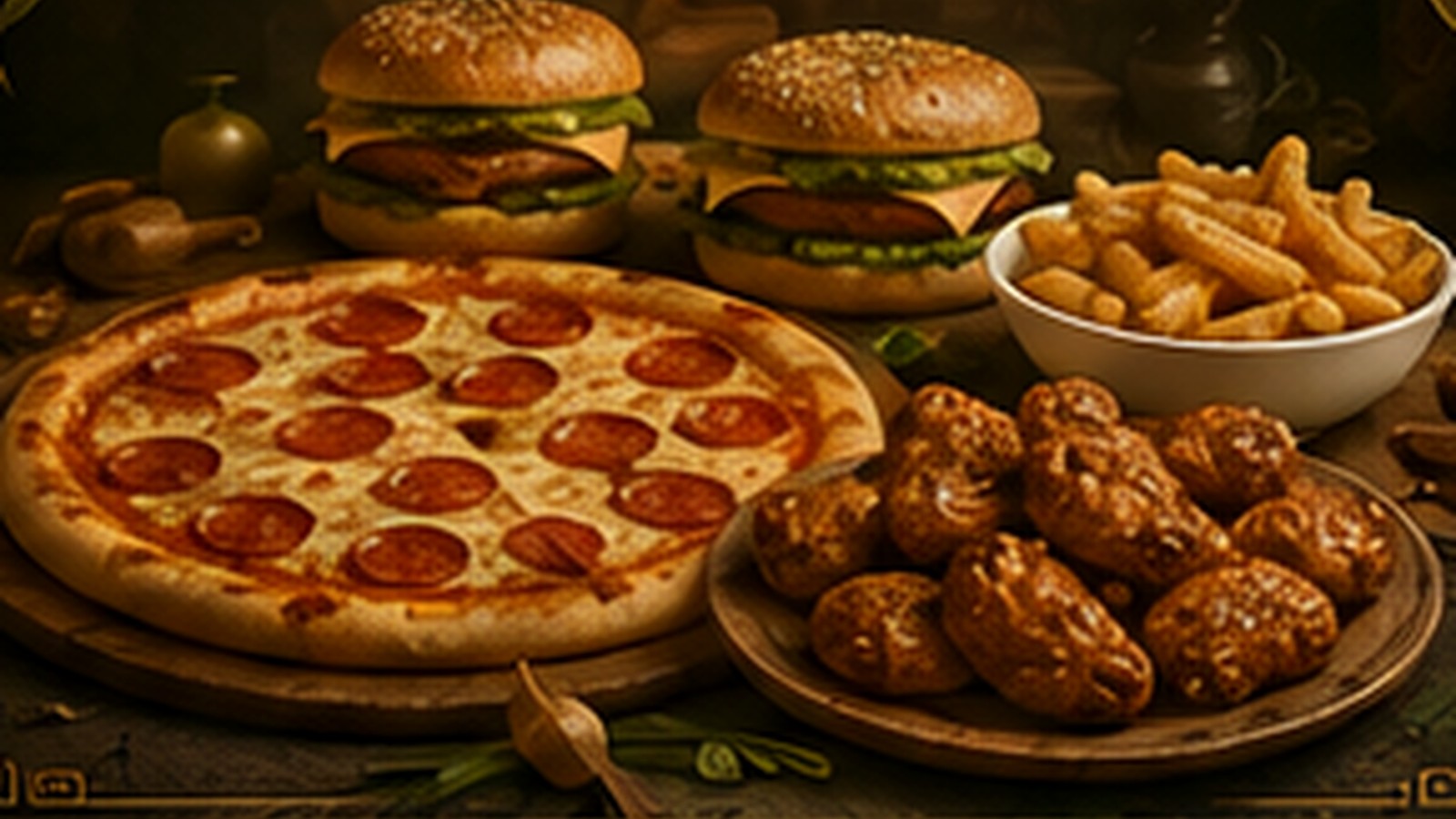 Pizza de dos ingredientes, dos hamburguesas, alitas y papas de Promo Familia de Pizza Grecia.
