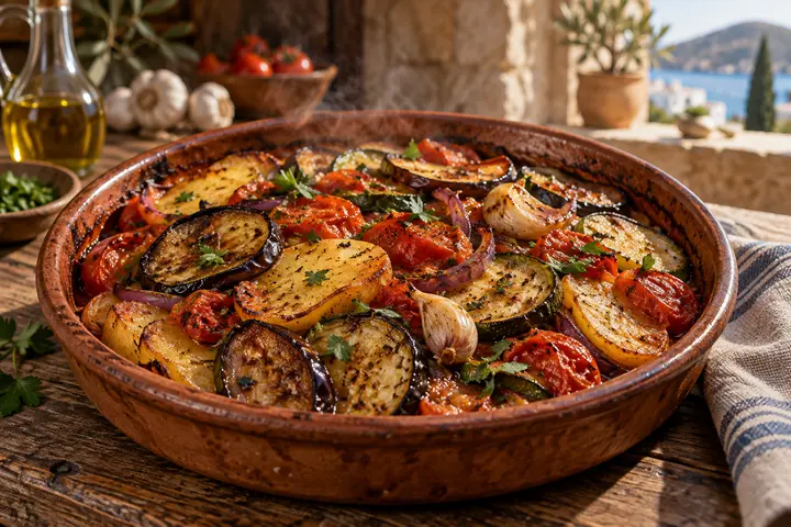 Briam griego de papa, berenjena, calabacín, tomate y cebolla asados