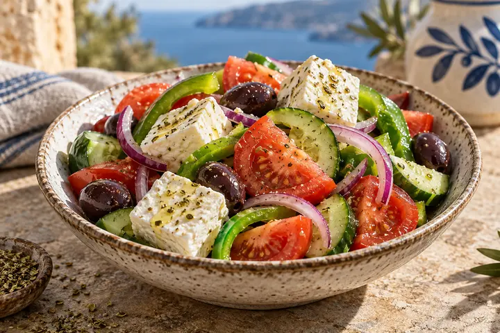 Ensalada Horiatiki con tomate, pepino, pimiento verde, cebolla, aceitunas y queso feta