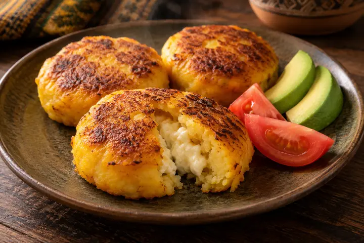 Llapingachos ecuatorianos dorados, rellenos de queso fresco, con aguacate y tomate