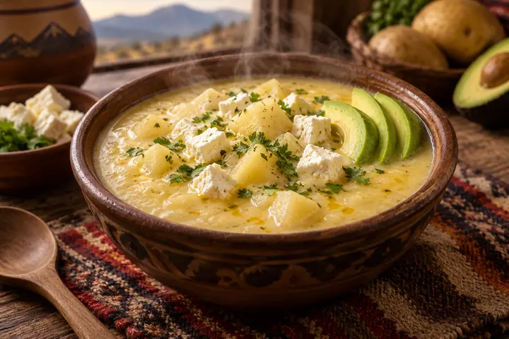Locro ecuatoriano espeso de papa con queso fresco, cilantro y aguacate