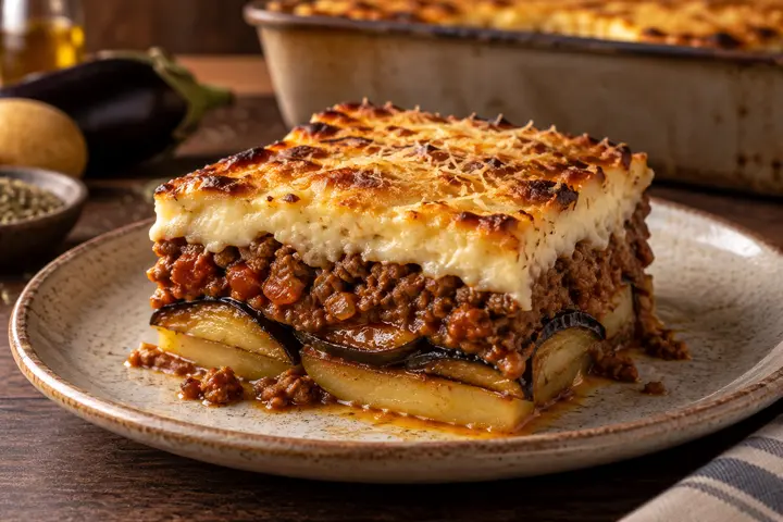 Porción de moussaka con capas de papa, berenjena, carne y bechamel dorada