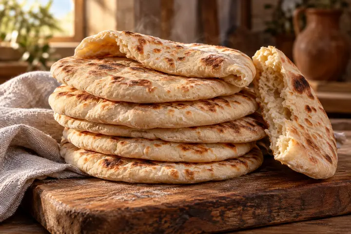 Panes pita artesanales recién cocidos en sartén con manchas doradas
