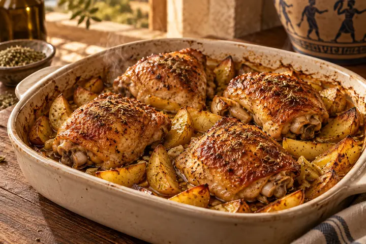 Muslos de pollo al limón con piel dorada, papas asadas y orégano
