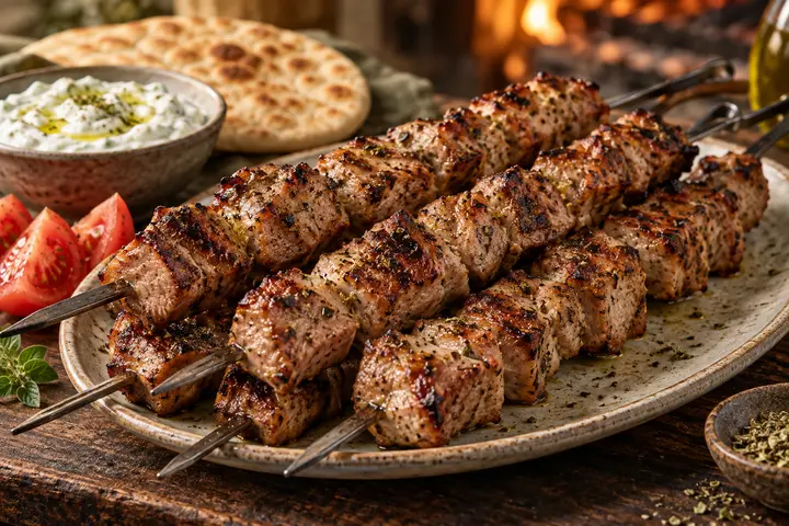 Brochetas de cerdo souvlaki doradas con pita y tzatziki servidos aparte