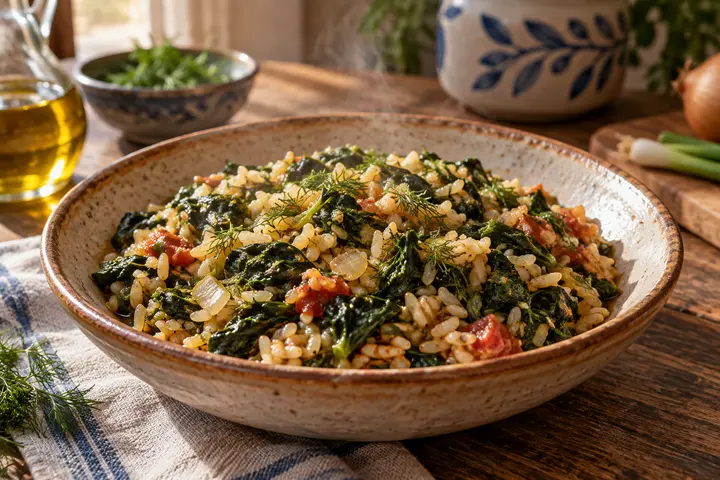 Spanakorizo griego húmedo con arroz, espinaca, tomate y eneldo