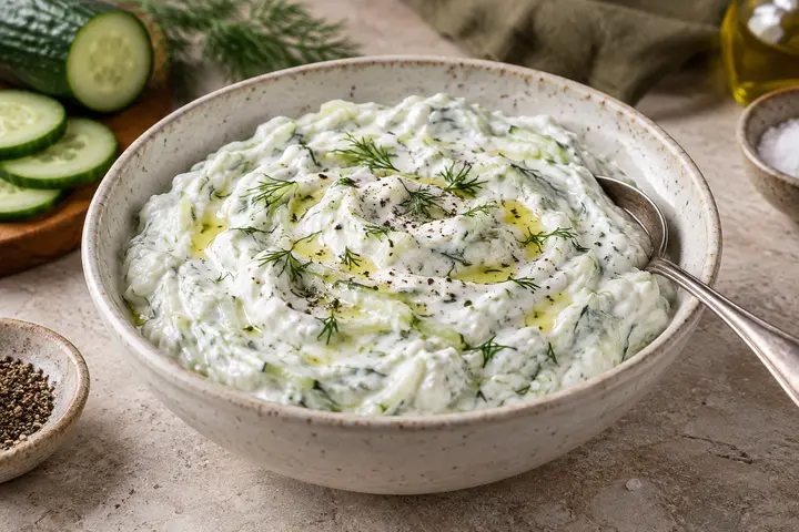 Tzatziki griego espeso con pepino, ajo, aceite de oliva y eneldo